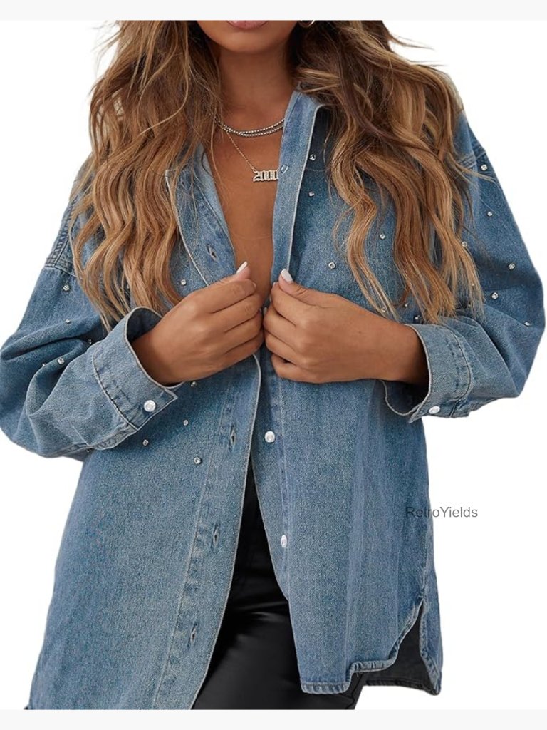 Oversized Denim Shirt Rhinestone Pearl Shacket Button Down Long Sleeve Trendy